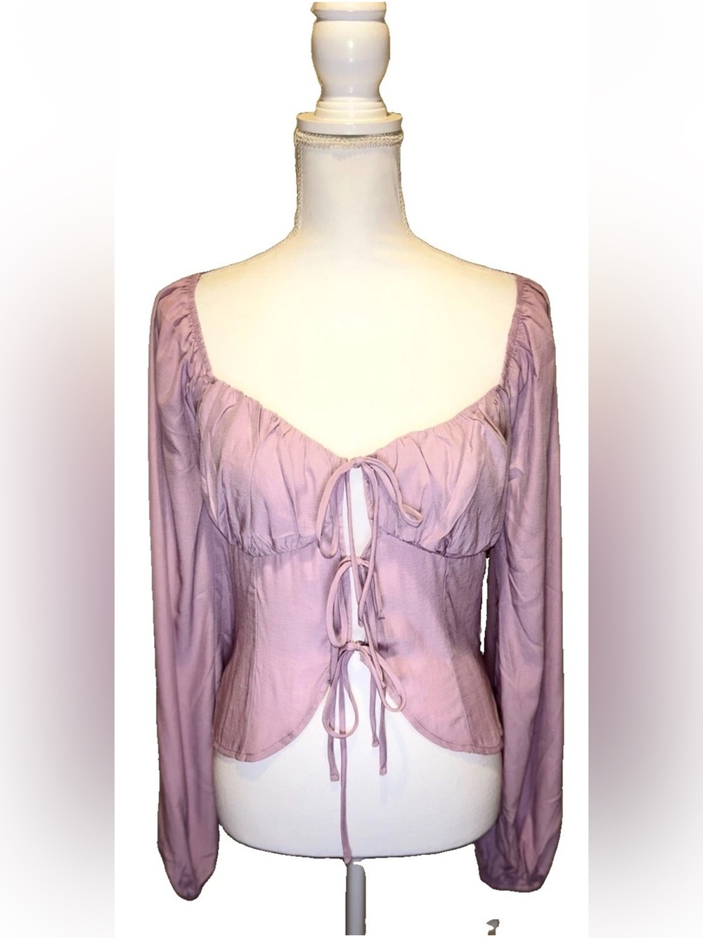 NWT LaBiz Mauve Lavender Ruched Tie Front Long Sleeve Blouse Crop Top Small Boho